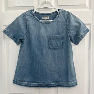Madewell Blue Chambray Jean Denim Cotton Raw Hem Pocket Women's Blouse Shirt Top